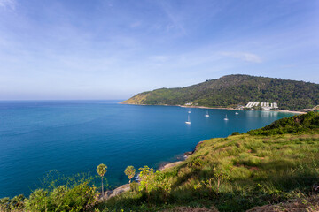 Beautiful views point that offers a panoramic view of the sandy beaches of Phuket Island on sunny days, Phuket, Thailand