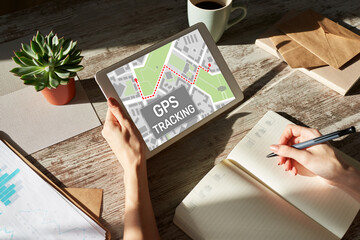 GPS Global positioning system tracking map on device screen.