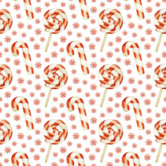 Watercolor Traditional Christmas Sweets Seamless Pattern. Candy Cane, Peppermint red white striped Lollipops. Hand drawn  background for Holiday design print, scrapbooking, wrapping paper, textile