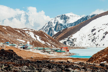 Amazing blue Gokio lake under ice and snow, Nepal, Himalayas