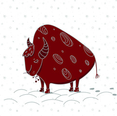 stylized red bull, hand drawn illustration for greeting card, posters design