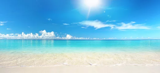 Fotobehang Beautiful sandy beach with white sand and rolling calm wave of turquoise ocean on Sunny day on background white clouds in blue sky. Island in Maldives, colorful perfect panoramic natural landscape. © Laura Pashkevich