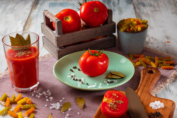 Tomatoes on a table in a basket