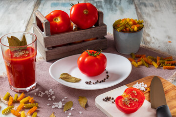 Tomatoes on a table in a basket