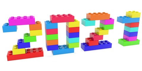 Colored toy bricks stacked in the 2021 concept
