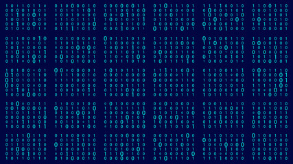 Technology stream binary code. Digital illustration. Blue matrix background. Programming, coding, hacking and encryption.