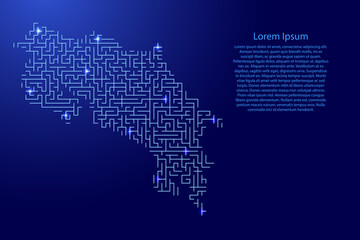 Costa Rica map from blue pattern of the maze grid and glowing space stars grid. Vector illustration.