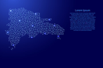 Dominican Republic map from blue pattern of the maze grid and glowing space stars grid. Vector illustration.