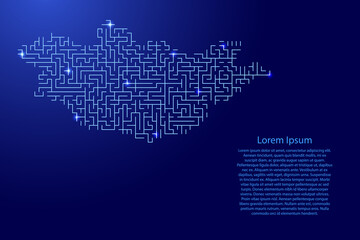 Mongolia map from blue pattern of the maze grid and glowing space stars grid. Vector illustration.