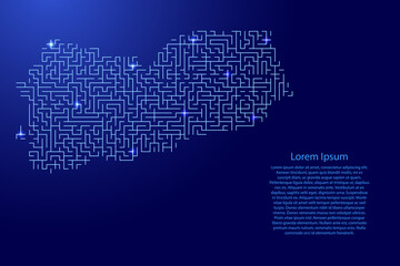 Yemen map from blue pattern of the maze grid and glowing space stars grid. Vector illustration.