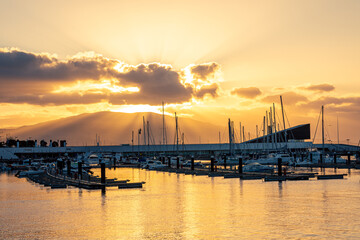 Fototapeta premium Amazing view at Ponta Delgada, Embankment. Azores, San Miguel island. Sunset