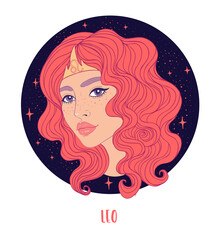 Illustration of Leo astrological sign as a beautiful girl. Zodiac vector illustration isolated on white. Future telling, horoscope, alchemy, spirituality, occultism, fashion woman.