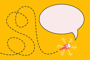 Helicopter. The beginning of the journey and the movement of the dotted line, the concept of travel, excursions, flight. With a text bubble. Vector illustration, template.