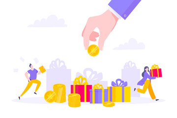 Earn loyalty program points and get online reward and gifts. Get loyalty card and customer service business concept flat design vector illustration. Tiny people with big card and money.