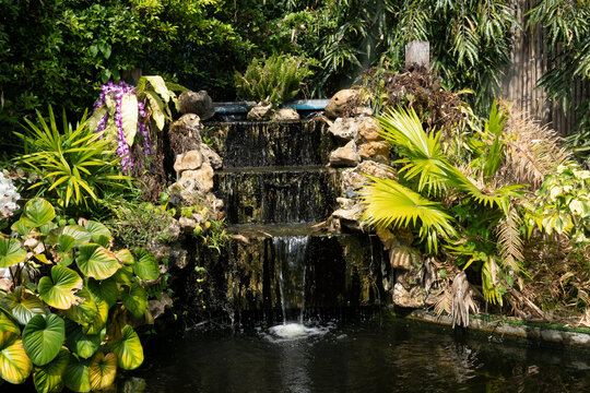 Pradit waterfall has three stages surrounded by green trees.