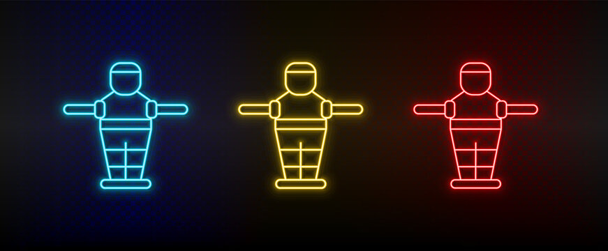Neon icons. Table football game retro arcade. Set of red, blue, yellow neon vector icon