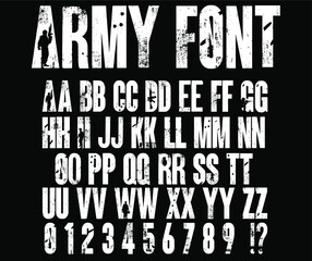 Army font vector. Silhouettes of soldiers on the background distressed letters and numbers.