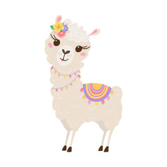 Cute lama with a wreath of flowers in pastel colors isolated on white background . Funny baby animal. Alpaca for your child's room design. Vector illustration © Irina Gubanova