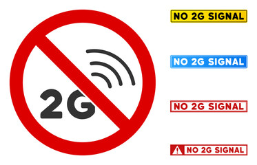 No 2G Signal sign with texts in rectangular frames. Illustration style is a flat iconic symbol inside red crossed circle on a white background. Simple No 2G Signal vector sign, designed for rules,