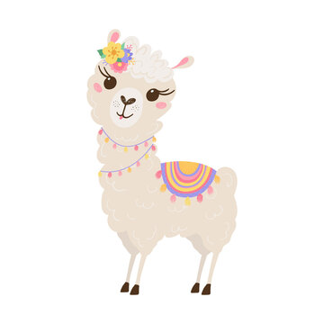 Cute lama with a wreath of flowers in pastel colors isolated on white background . Funny baby animal. Alpaca for your child's room design. Vector illustration