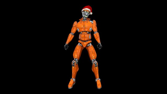 3D robot dances in santa hat, animation, transparent background