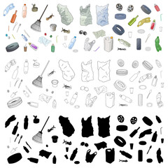 Set of garbage, plastic utensils, plastic straws, bags and wastes. Vector illustration. Hand drawn outline isolate on white backdrop.