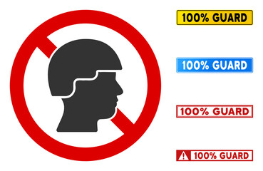 No Soldier sign with captions in rectangle frames. Illustration style is a flat iconic symbol inside red crossed circle on a white background. Simple No Soldier vector sign, designed for rules,