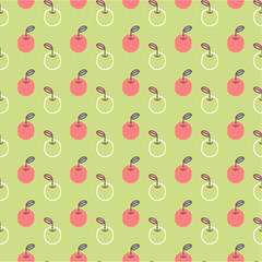 Seamless pattern with hand drawn apples on the green background
