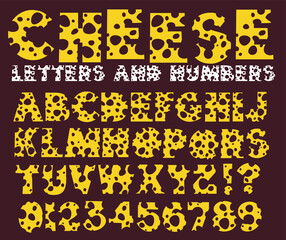 Cheese font vector. Food font alphabet letters and numbers.