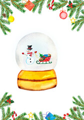 Watercolor Christmas card with a glass ball on a stand, a snowman, sleigh, gifts and fir branches. Winter holiday illustration for design.