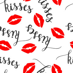 St.Valentines Day seamless pattern with lips and kisses word lettering on white background. Vector for cards, banners, wrapping paper, posters, scrapbooking, pillow, cups and fabric design. 