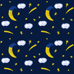 Seamless pattern with stars and the moon with clouds, star pattern, moon and stars decorations.
