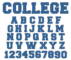 College font vector blue color 2 layers. Varsity classic font sport alphabet letters and numbers. Sport design for t shirt.