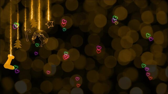 Christmas theme luxury gold tone has digital world sock star trees sweet stick rainbow heats flying and blink blur lights background