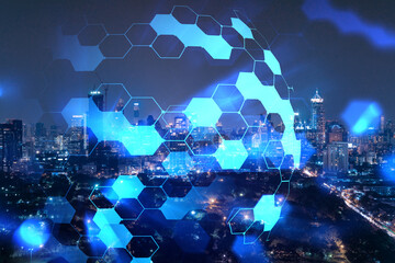 Abstract technology icons, night aerial panoramic cityscape of Bangkok, Asia. The concept of innovative approach to optimize international business process. Double exposure.