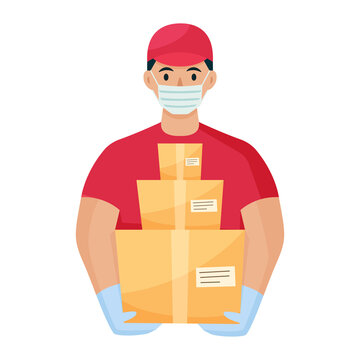 Delivery man with box during the prevention of coronovirus, Covid-19. Courier in a face mask with food. Safety home delivery. Flat cartoon style vector illustration.