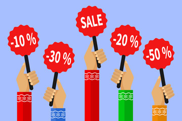 Concept of discount. A lot of hands holding placards with sales. Colorful Vector Illustration in flat style