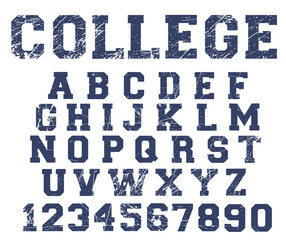 College distressed font vector. Sport font, varsity alphabet, distressed letters and numbers. Sport design for t shirt.