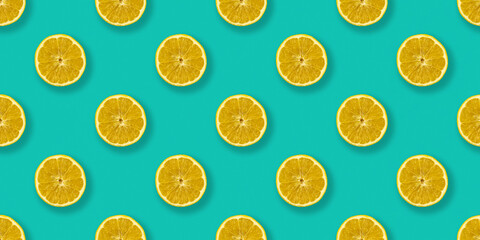 Lemon seamless pattern pop art flat lay design, food on blue background, eating concept