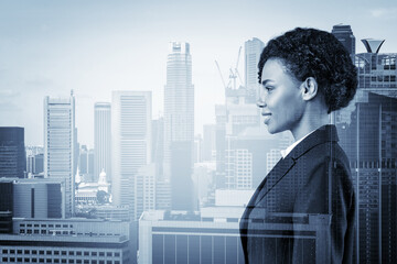 Fototapeta na wymiar Successful smiling black African American business woman in suit. Singapore cityscape. The concept of woman in business. Legal consultant. Double exposure.