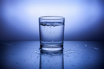 A glass with water on a blue background