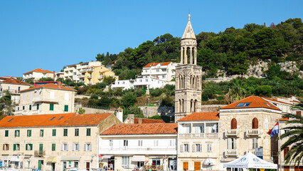 Hvar Island with bell tower of Hvar Cathedral of Saint Stephen