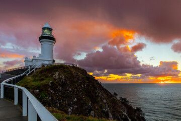 Cape Byron Lighthouse under a cloudy sunrise sky