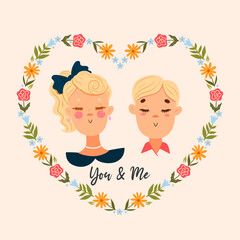 Portrait of a cute couple. Valentine s day mood. Vector graphics.