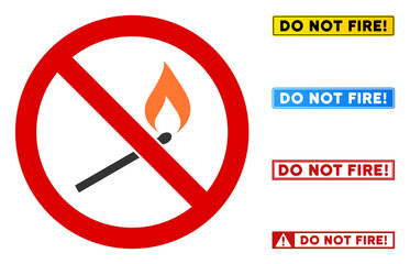 No Burning Match sign with titles in rectangular frames. Illustration style is a flat iconic symbol inside red crossed circle on a white background. Simple No Burning Match vector sign,