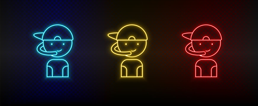 Neon icons. Gamer boy retro arcade. Set of red, blue, yellow neon vector icon