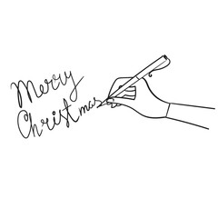 Hand with a pen. Woman writes Merry Christmas, Hand drawing. Linear stock illustration isolated on white background.Greeting card. Man writes a letter.