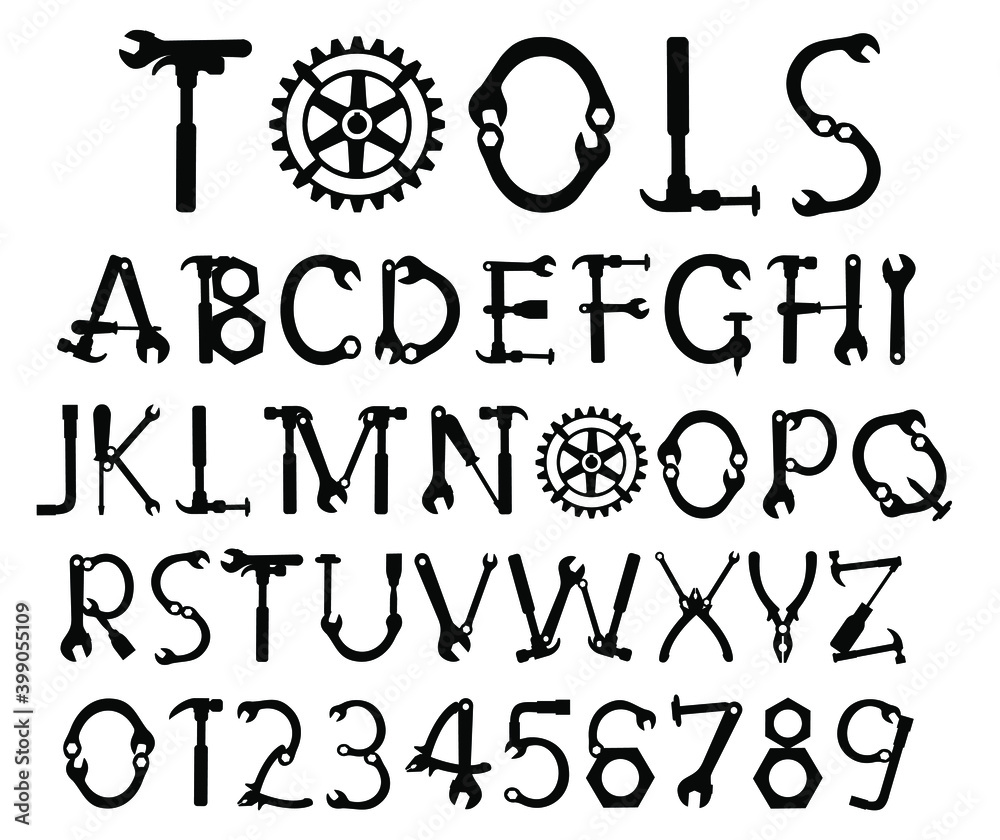 Wall mural tool alphabet vector. hand tool letters numbers. mr fix alphabet. mr fix it font.