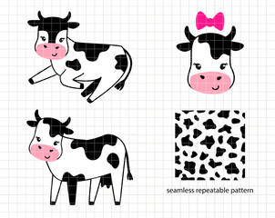 Obraz premium Funny cows and seamless pattern with spots. Different poses, standing and laying. Animal smiling face for kids design. Silhouette vector flat illustration. Cutting file. Suitable for cutting software.