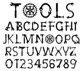 Tool alphabet vector. Hand Tool letters numbers. Mr Fix alphabet. Mr Fix it font. 